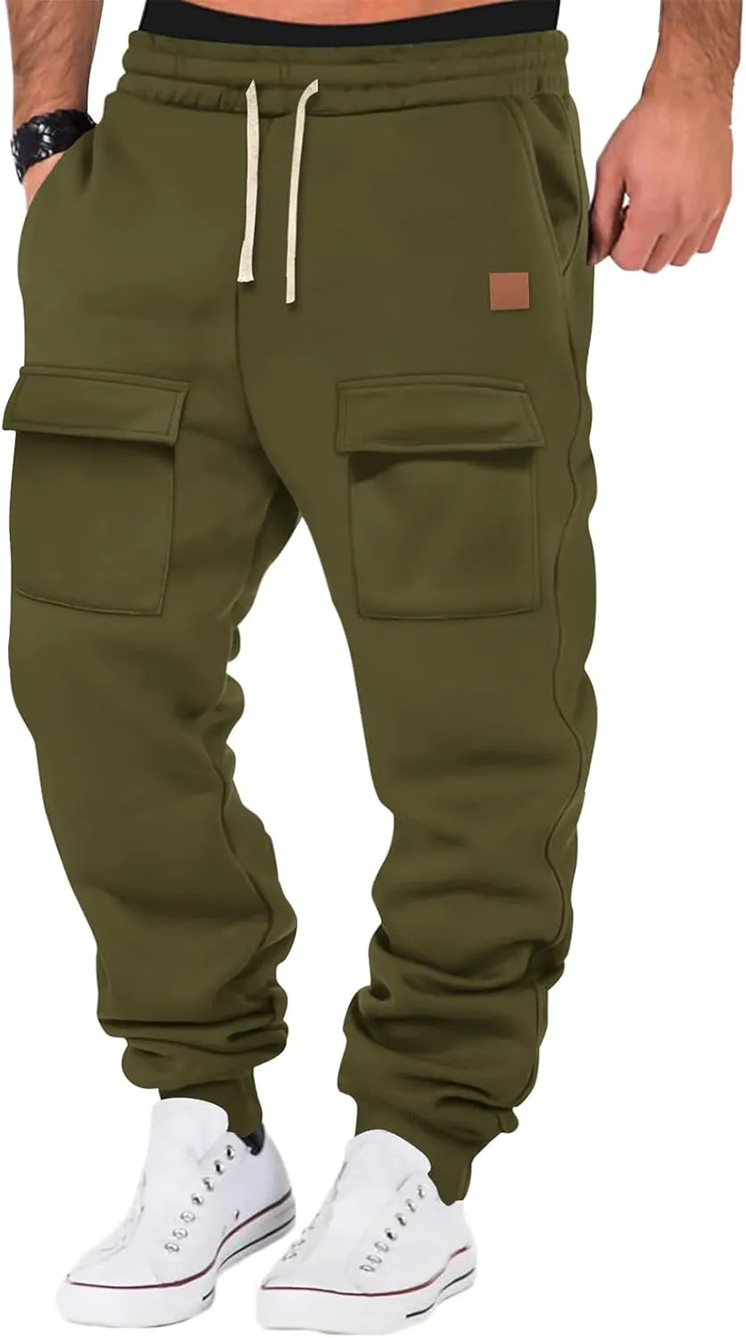 Mens Heavyweight Cargo Sweatpants Drawstring Baggy Casual Athletic Pants Elastic Waist Joggers Trousers with Pockets