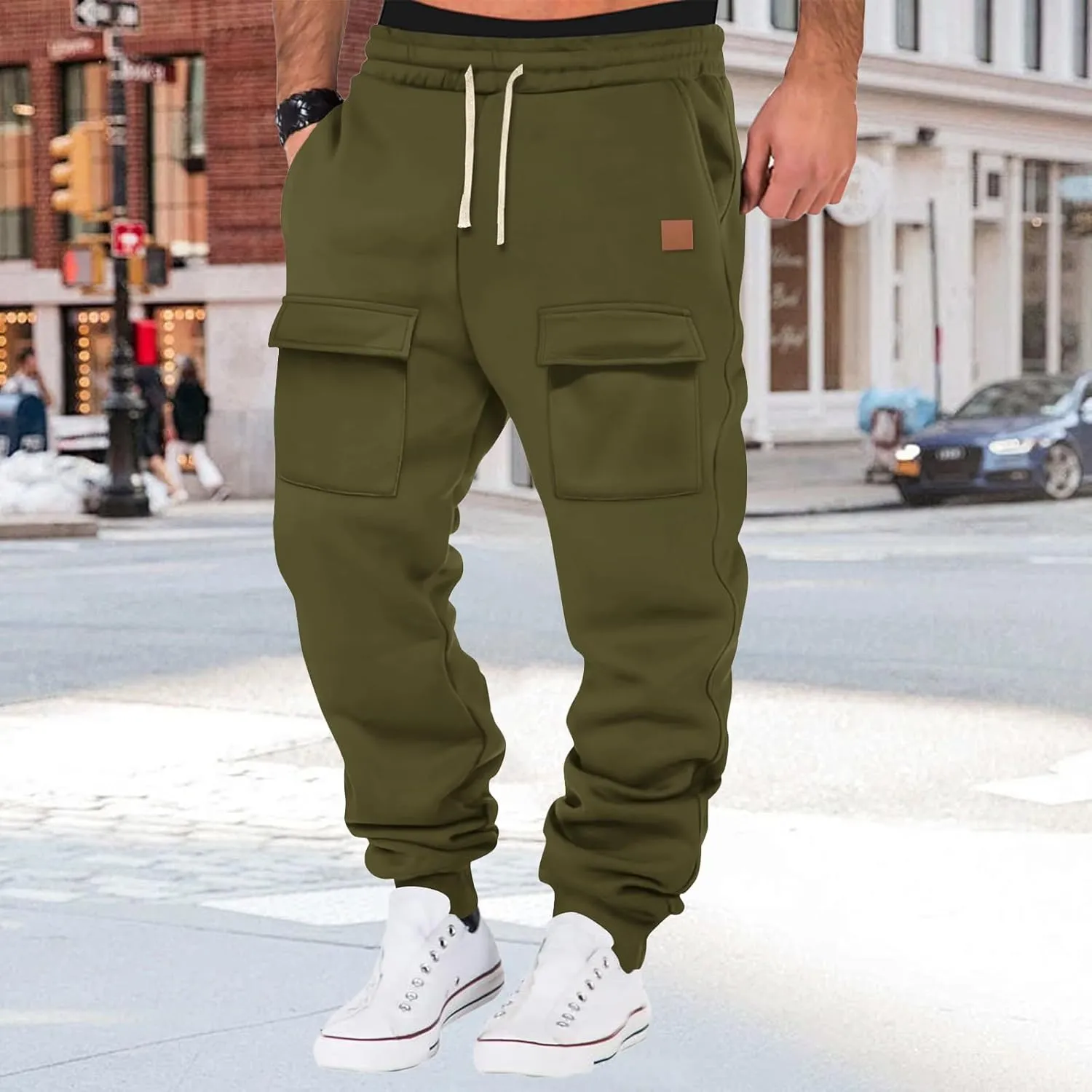 Mens Heavyweight Cargo Sweatpants Drawstring Baggy Casual Athletic Pants Elastic Waist Joggers Trousers with Pockets