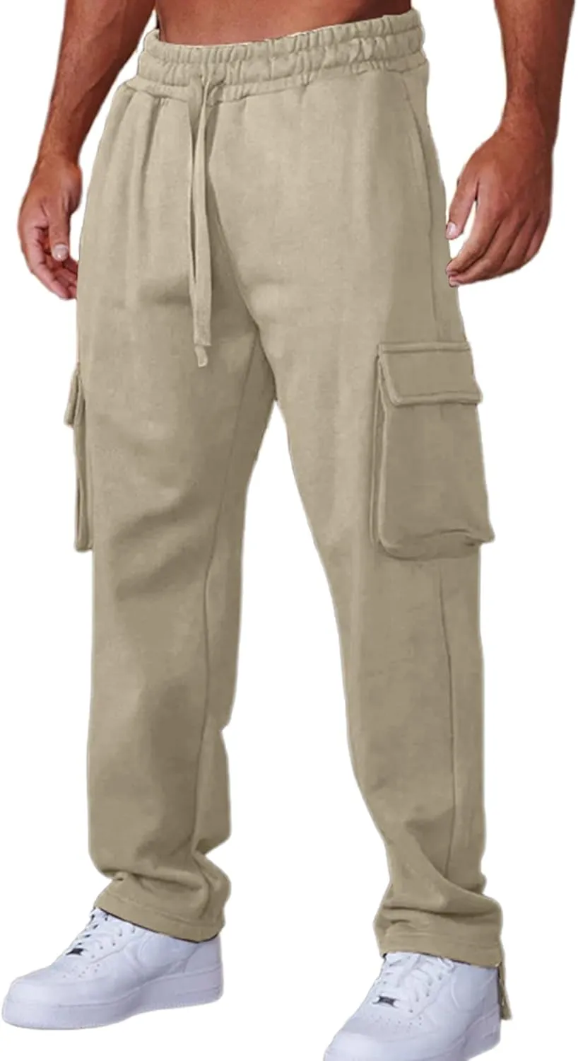 Men's Heavyweight Cargo Sweatpants Stretch Elastic Waist Drawstring Casual Pants Loose fit Straight Leg Trousers