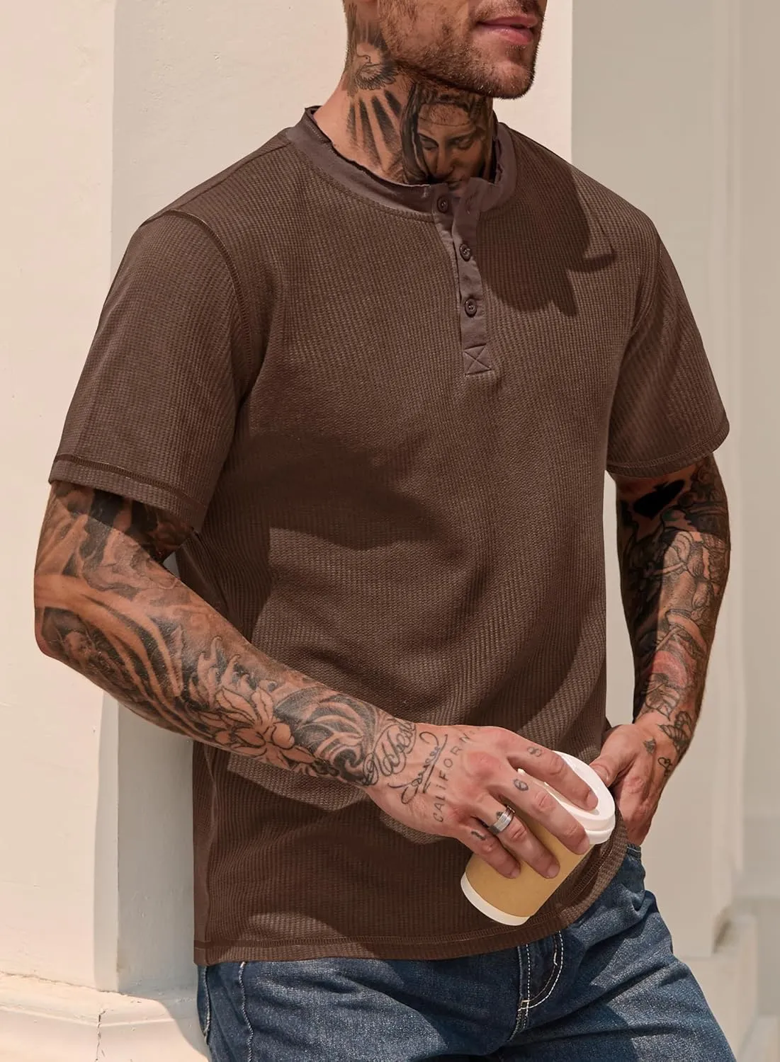 Men's Henley Shirts Short Sleeve Casual Waffle Button T-Shirts Basic Cotton Tops (S-XXL)
