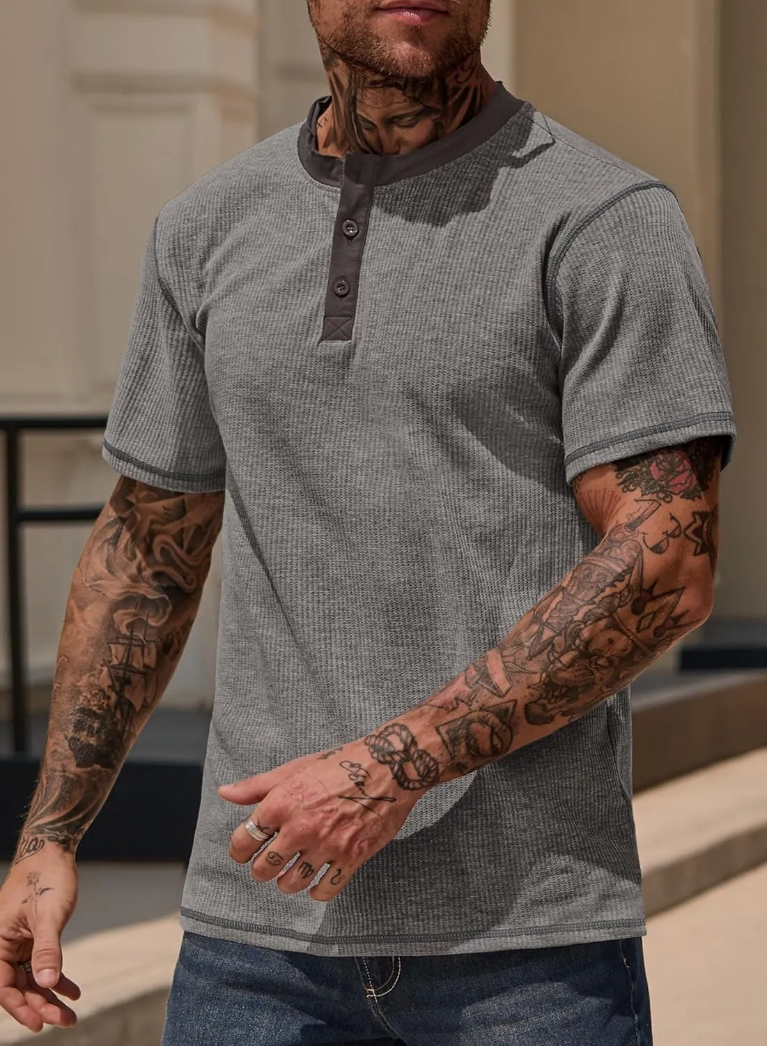 Men's Henley Shirts Short Sleeve Casual Waffle Button T-Shirts Basic Cotton Tops (S-XXL)