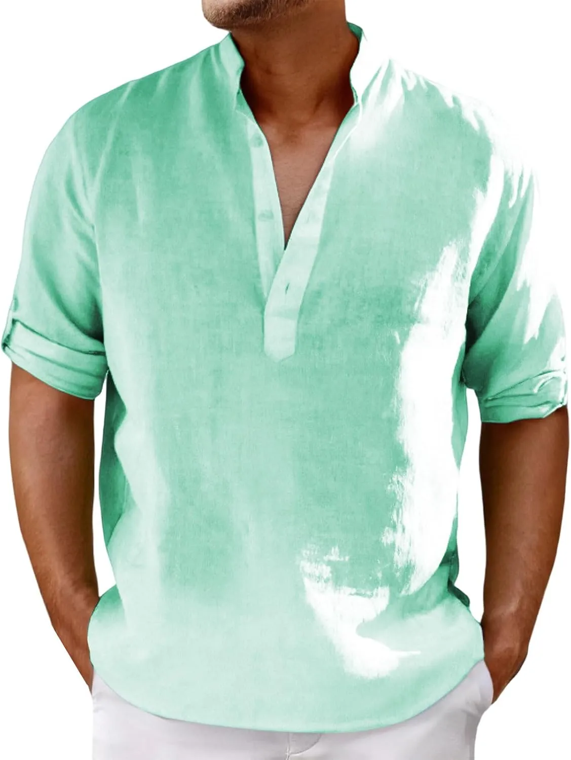 Mens Henley Shirts Short Sleeve Cotton Linen Stand Collar Casual Breathable Loose Slim Fit Solid Tops Summer Beach Tee