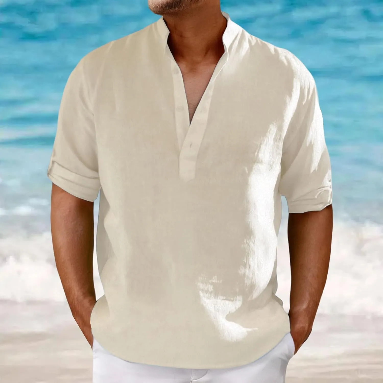 Mens Henley Shirts Short Sleeve Cotton Linen Stand Collar Casual Breathable Loose Slim Fit Solid Tops Summer Beach Tee