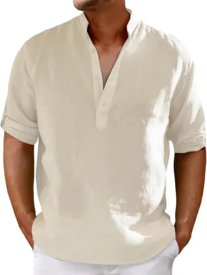 Mens Henley Shirts Short Sleeve Cotton Linen Stand Collar Casual Breathable Loose Slim Fit Solid Tops Summer Beach Tee