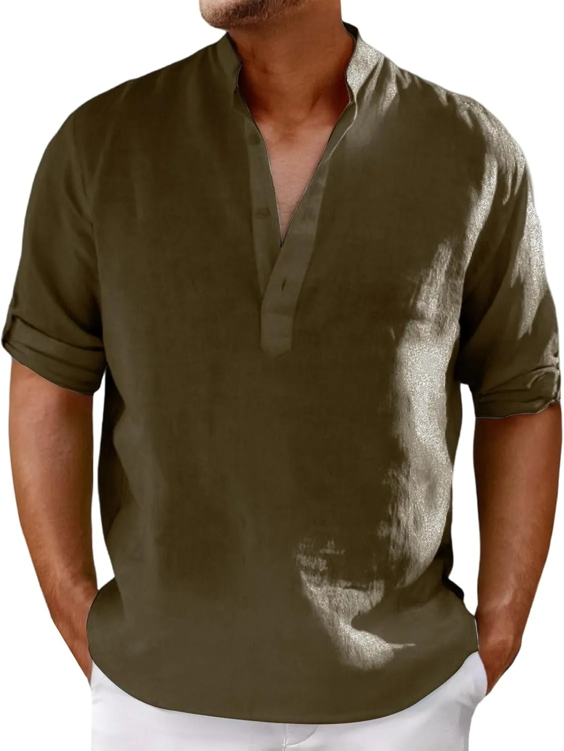 Mens Henley Shirts Short Sleeve Cotton Linen Stand Collar Casual Breathable Loose Slim Fit Solid Tops Summer Beach Tee