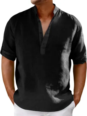 Mens Henley Shirts Short Sleeve Cotton Linen Stand Collar Casual Breathable Loose Slim Fit Solid Tops Summer Beach Tee