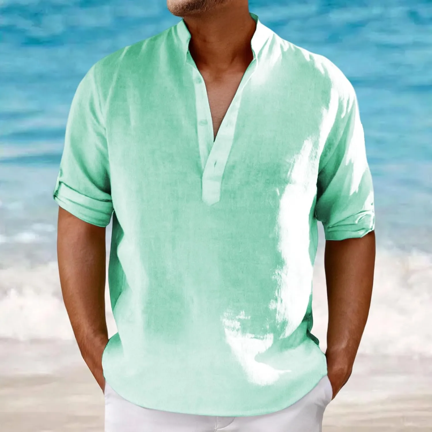Mens Henley Shirts Short Sleeve Cotton Linen Stand Collar Casual Breathable Loose Slim Fit Solid Tops Summer Beach Tee