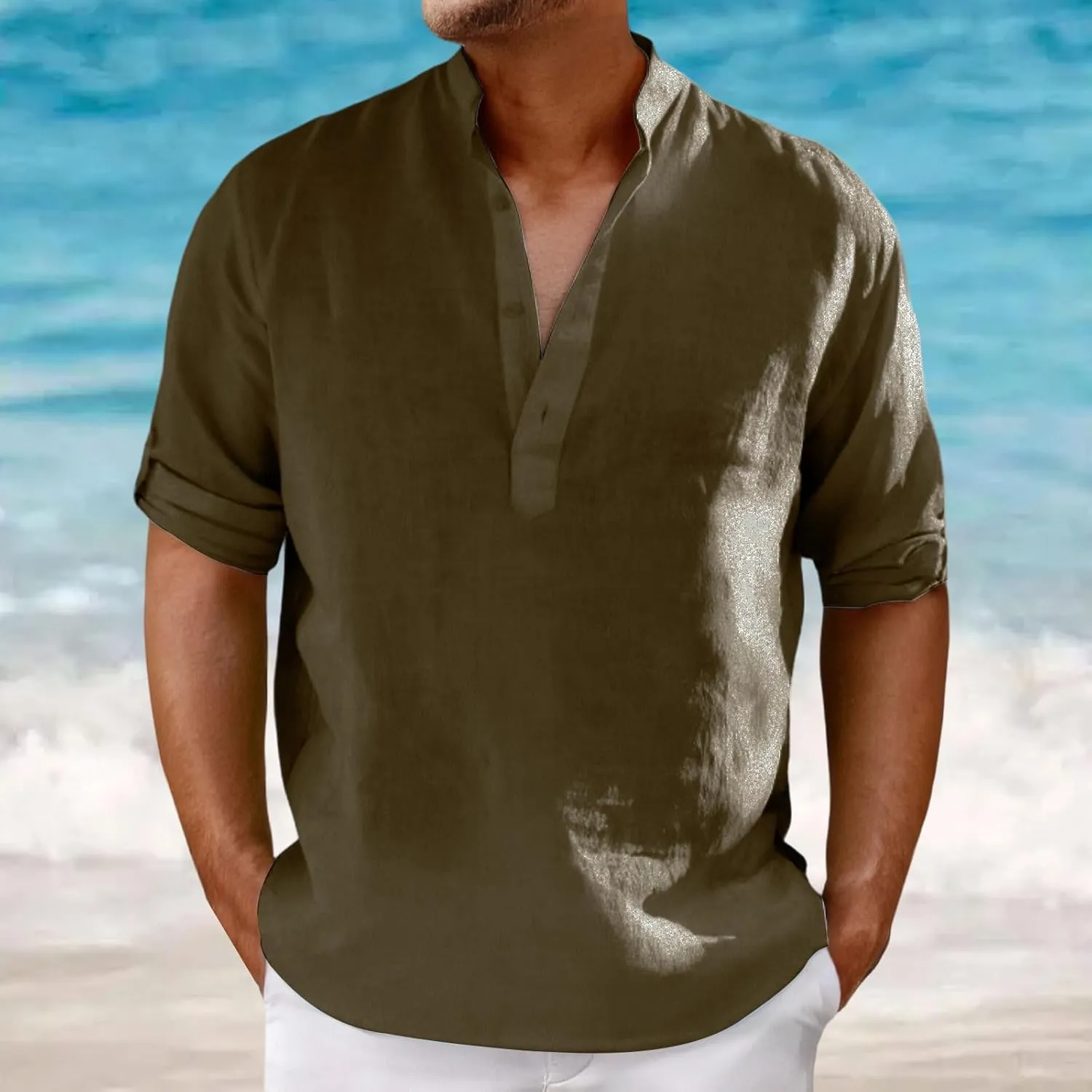 Mens Henley Shirts Short Sleeve Cotton Linen Stand Collar Casual Breathable Loose Slim Fit Solid Tops Summer Beach Tee