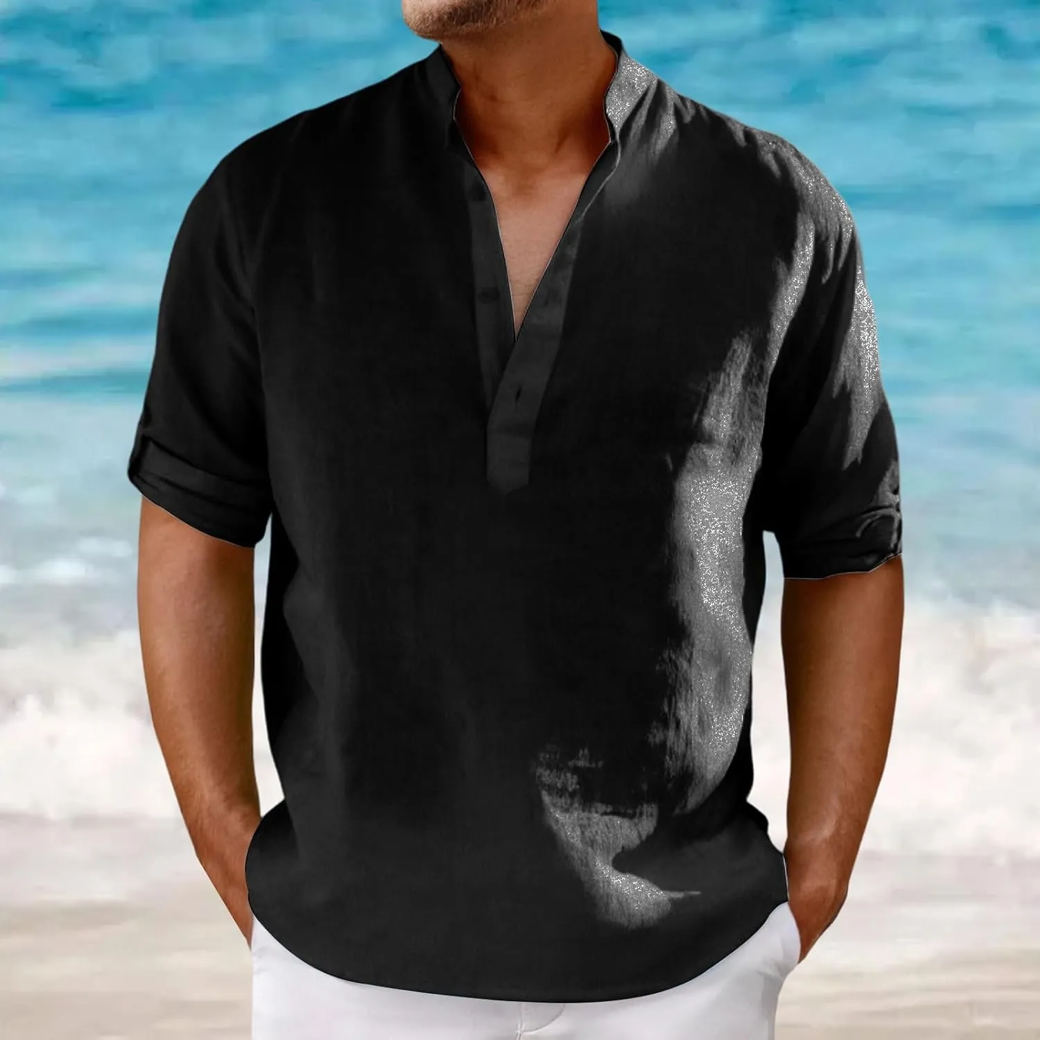 Mens Henley Shirts Short Sleeve Cotton Linen Stand Collar Casual Breathable Loose Slim Fit Solid Tops Summer Beach Tee