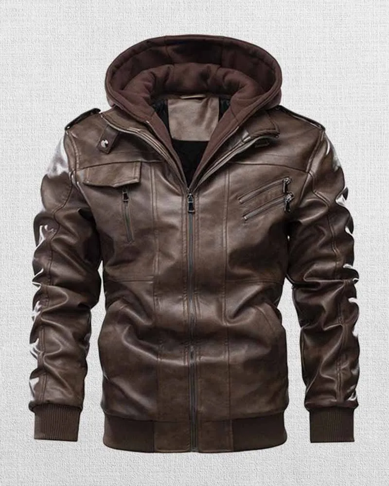 MEN'S HOODED MULTI-POCKET CASUAL LEATHER JACKET