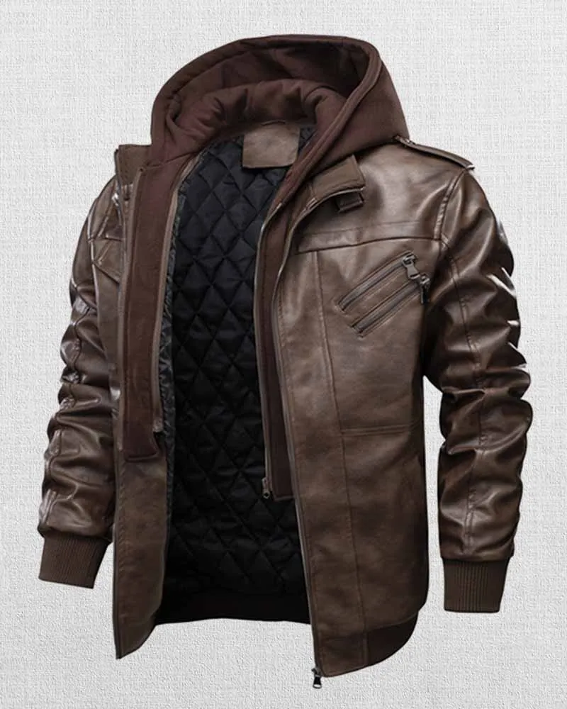 MEN'S HOODED MULTI-POCKET CASUAL LEATHER JACKET