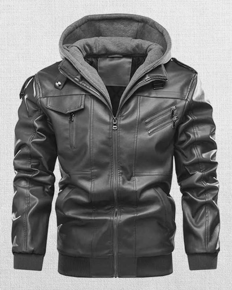 MEN'S HOODED MULTI-POCKET CASUAL LEATHER JACKET