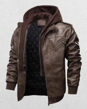 MEN'S HOODED MULTI-POCKET CASUAL LEATHER JACKET