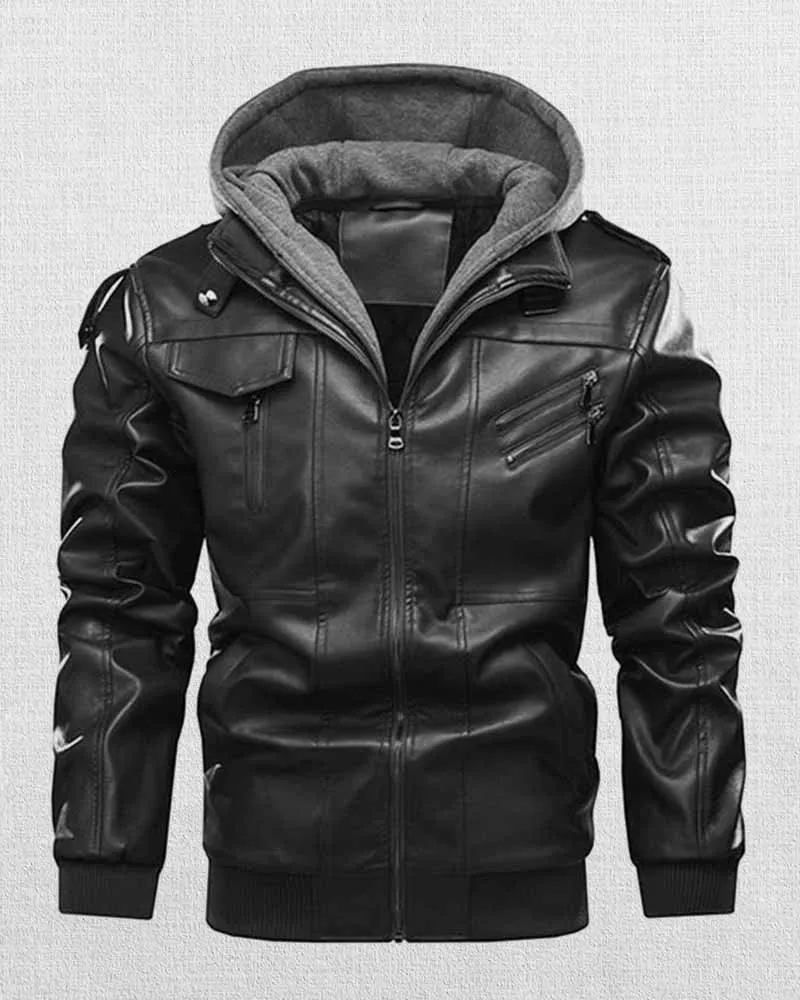 MEN'S HOODED MULTI-POCKET CASUAL LEATHER JACKET
