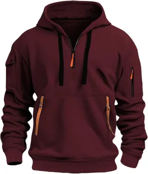 Mens Hoodie Quarter Zip Embroidered Sweatshirt Casual Long Sleeve Tunic Pullover Tops Drawstring Pocket Outwear Outfit