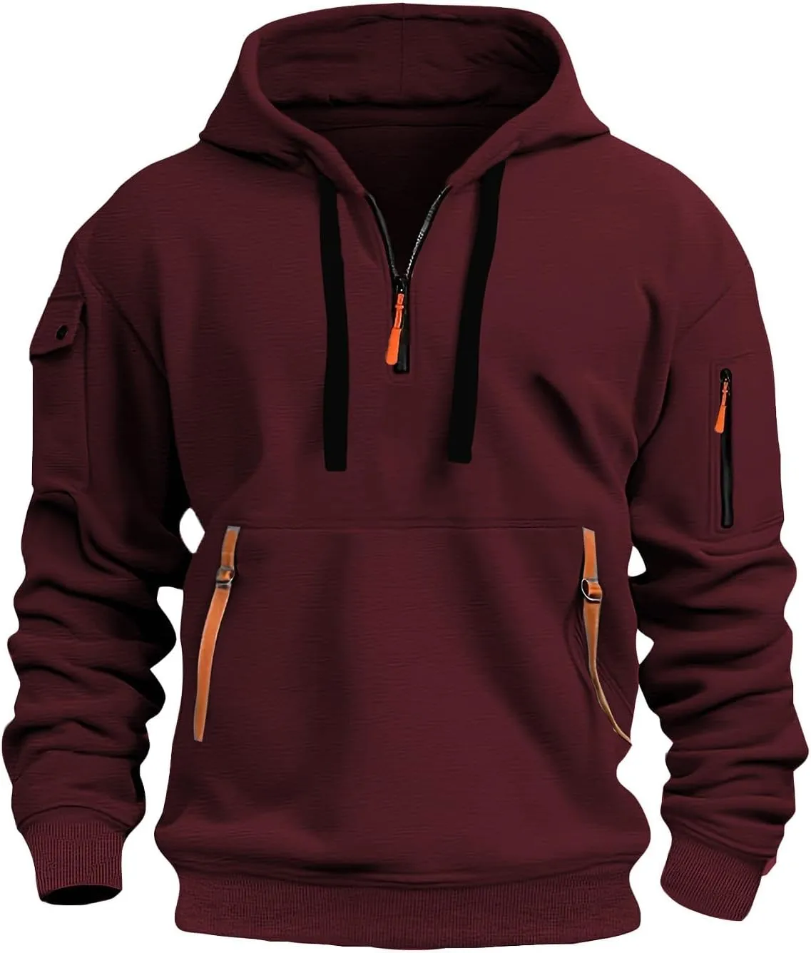 Mens Hoodie Quarter Zip Embroidered Sweatshirt Casual Long Sleeve Tunic Pullover Tops Drawstring Pocket Outwear Outfit