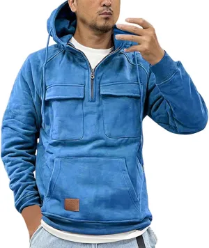 Mens Hoodie Quarter-Zip Sweatshirts Casual Long Sleeve Jackets Solid Color Drawstring Pockets Loose Fit Tooling Outfit