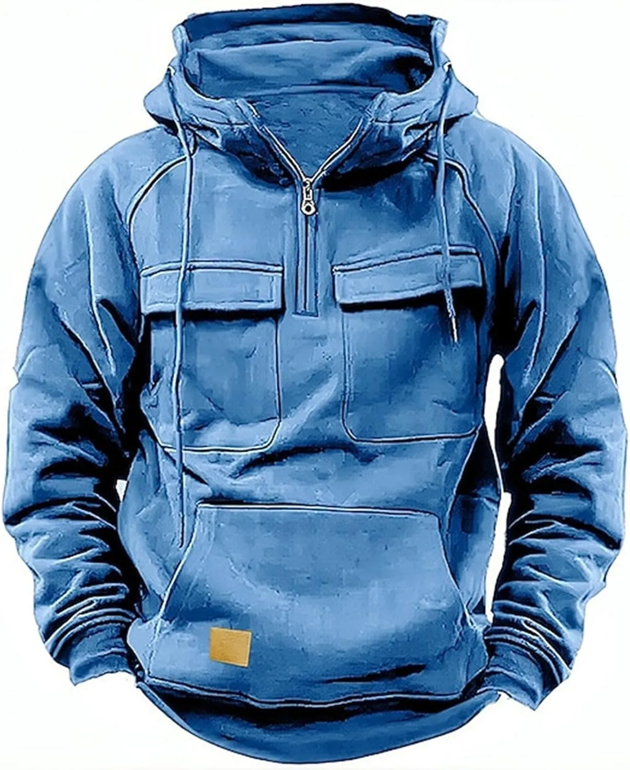Mens Hoodie Quarter-Zip Sweatshirts Casual Long Sleeve Jackets Solid Color Drawstring Pockets Loose Fit Tooling Outfit