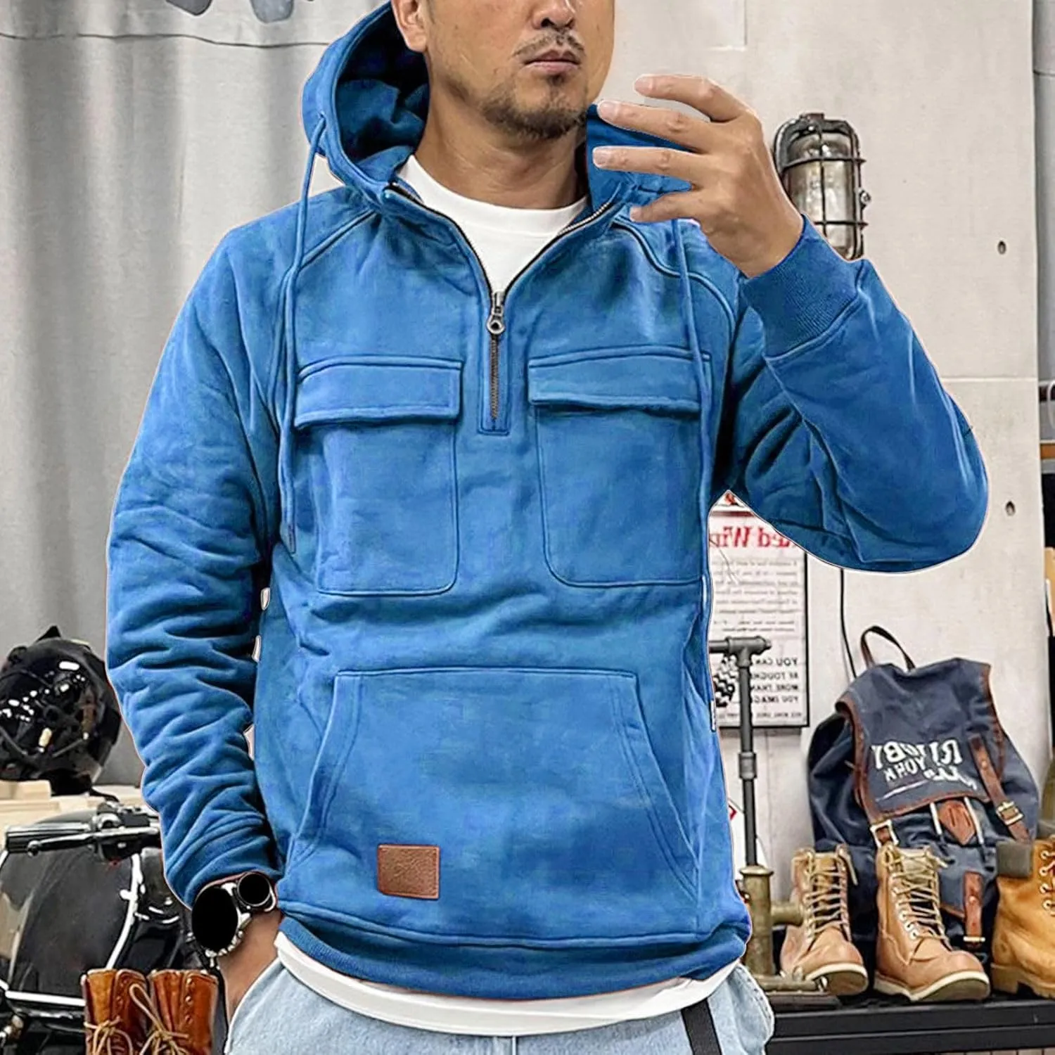 Mens Hoodie Quarter-Zip Sweatshirts Casual Long Sleeve Jackets Solid Color Drawstring Pockets Loose Fit Tooling Outfit