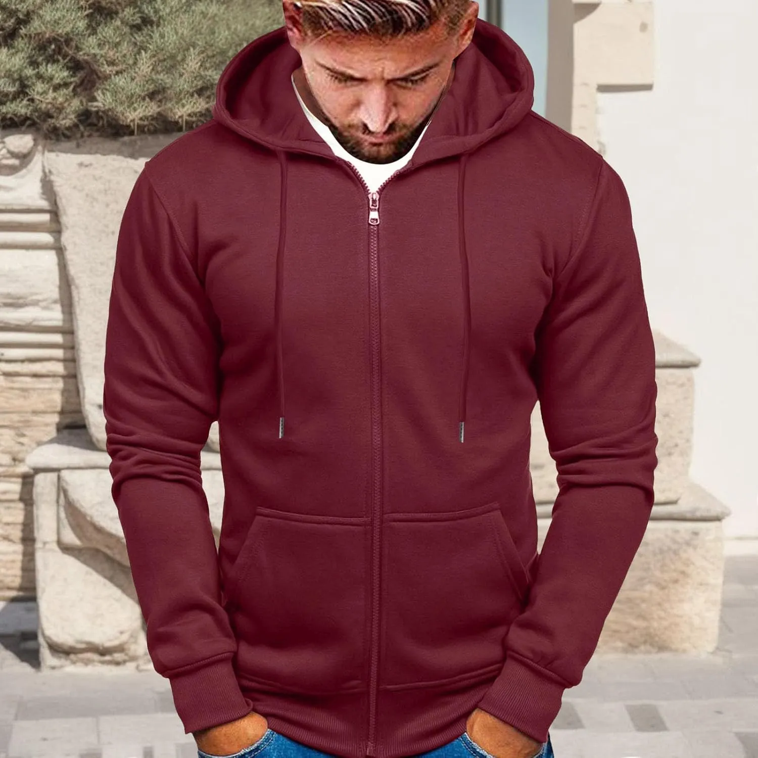 Mens Hoodies,Men's Slim Fit Long Sleeve Lightweight Zip-up Solid Hoodie with Kanga Pocket Hooded Sweatshirts Sweaters