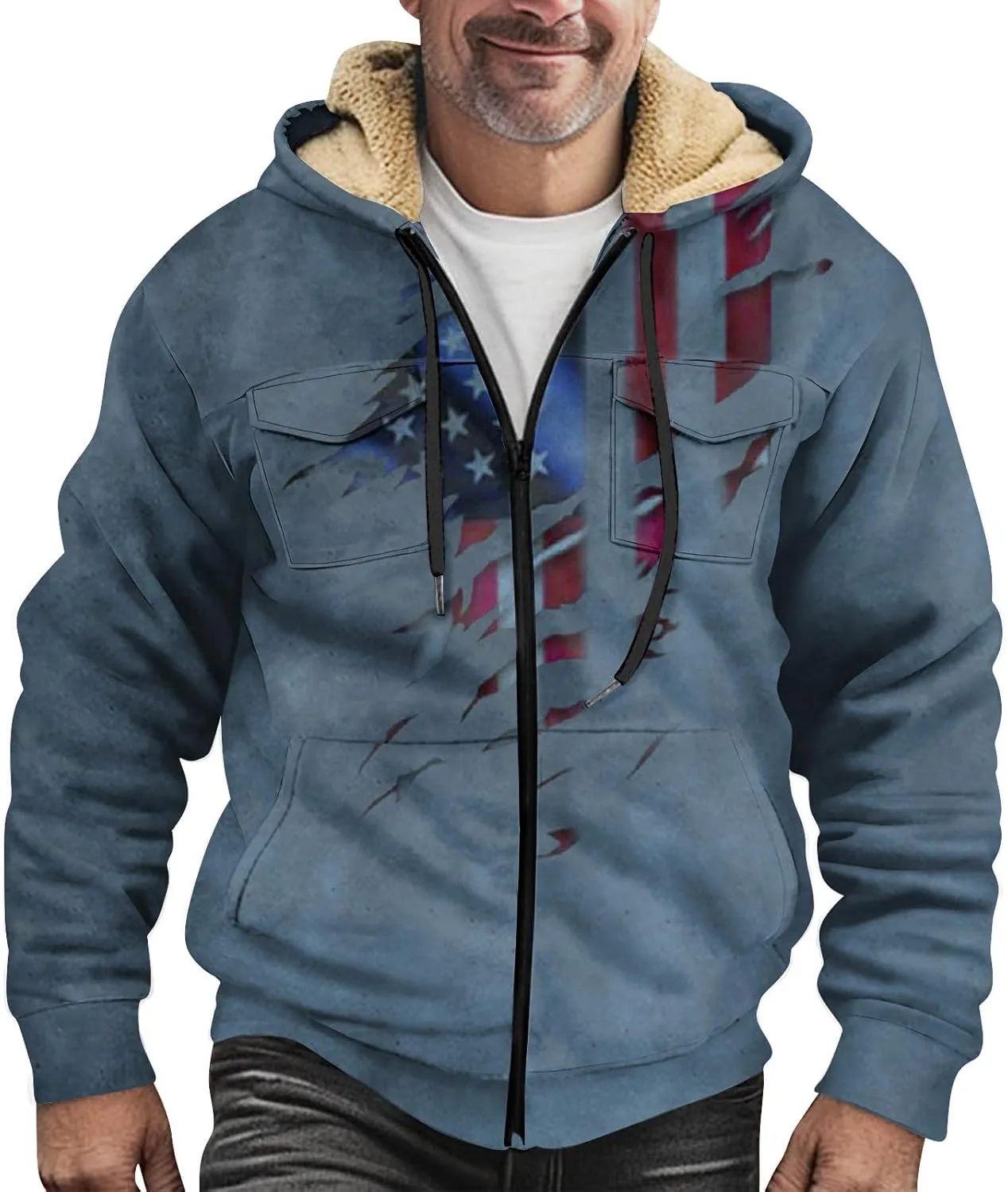 Mens Jacket Fall Hoodies Graphic Zip Up Padded Vintage Casual Long Sleeve Pockets Coat