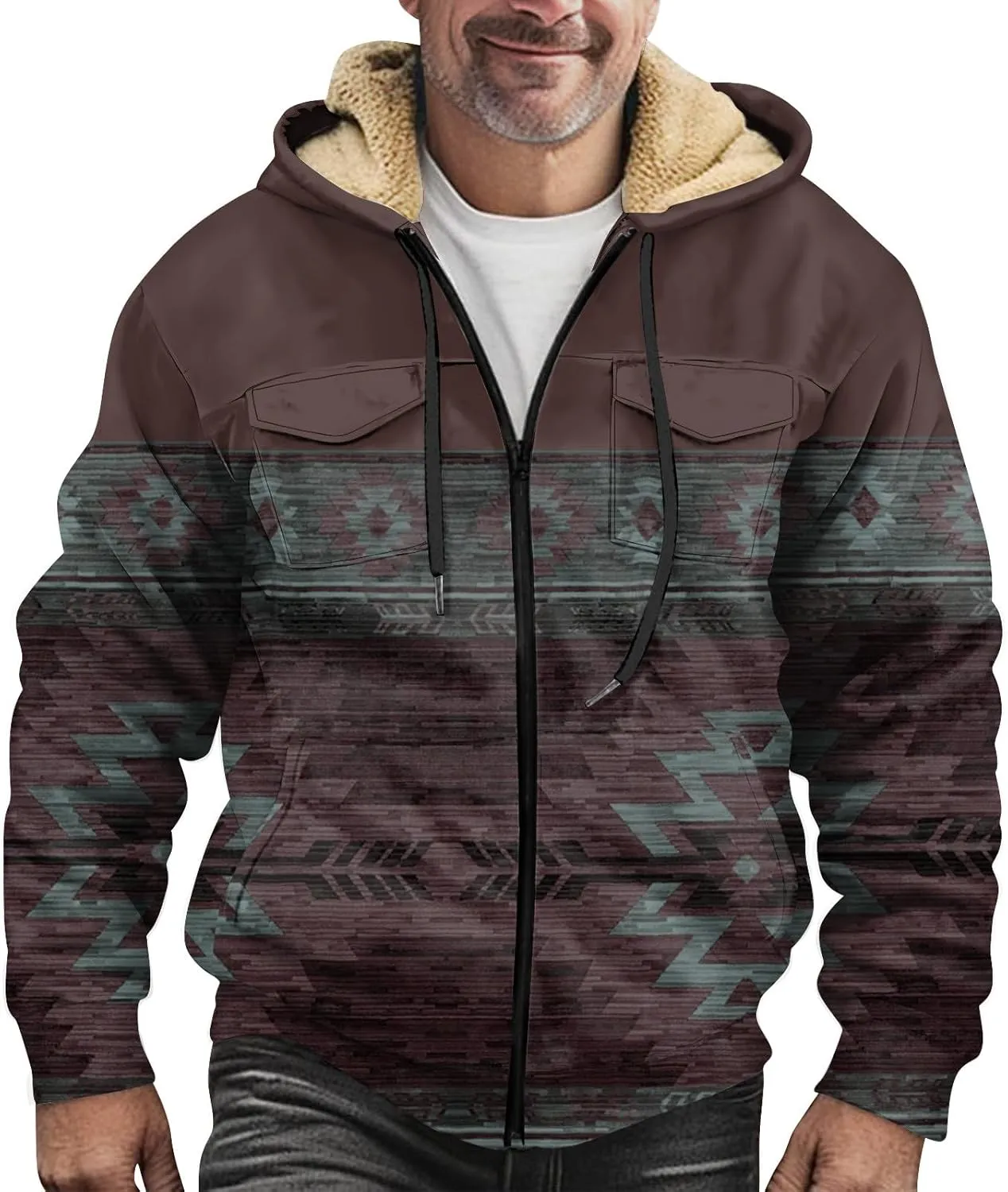 Mens Jacket Fall Hoodies Graphic Zip Up Padded Vintage Casual Long Sleeve Pockets Coat