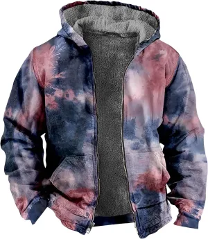 Mens Jacket Hoodies Padded Prints Zip Up Trendy Vintage Graphic Thickened Coats