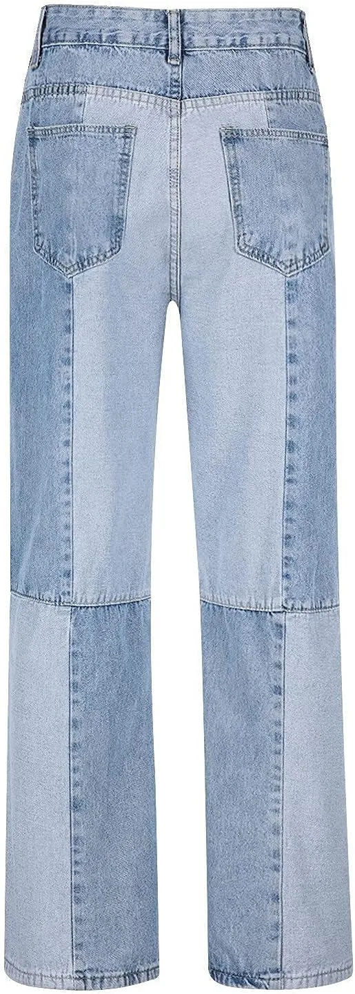 Men's Jeans Patchwork Jeans Pants Vintage Casual Relaxed Fit Jeans Trousers Denim Pants