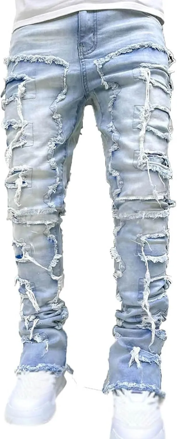 Mens Jeans Regular Fit Men's Y2K Ripped Distressed Destroyed Straight Fit Washed Denim Jeans