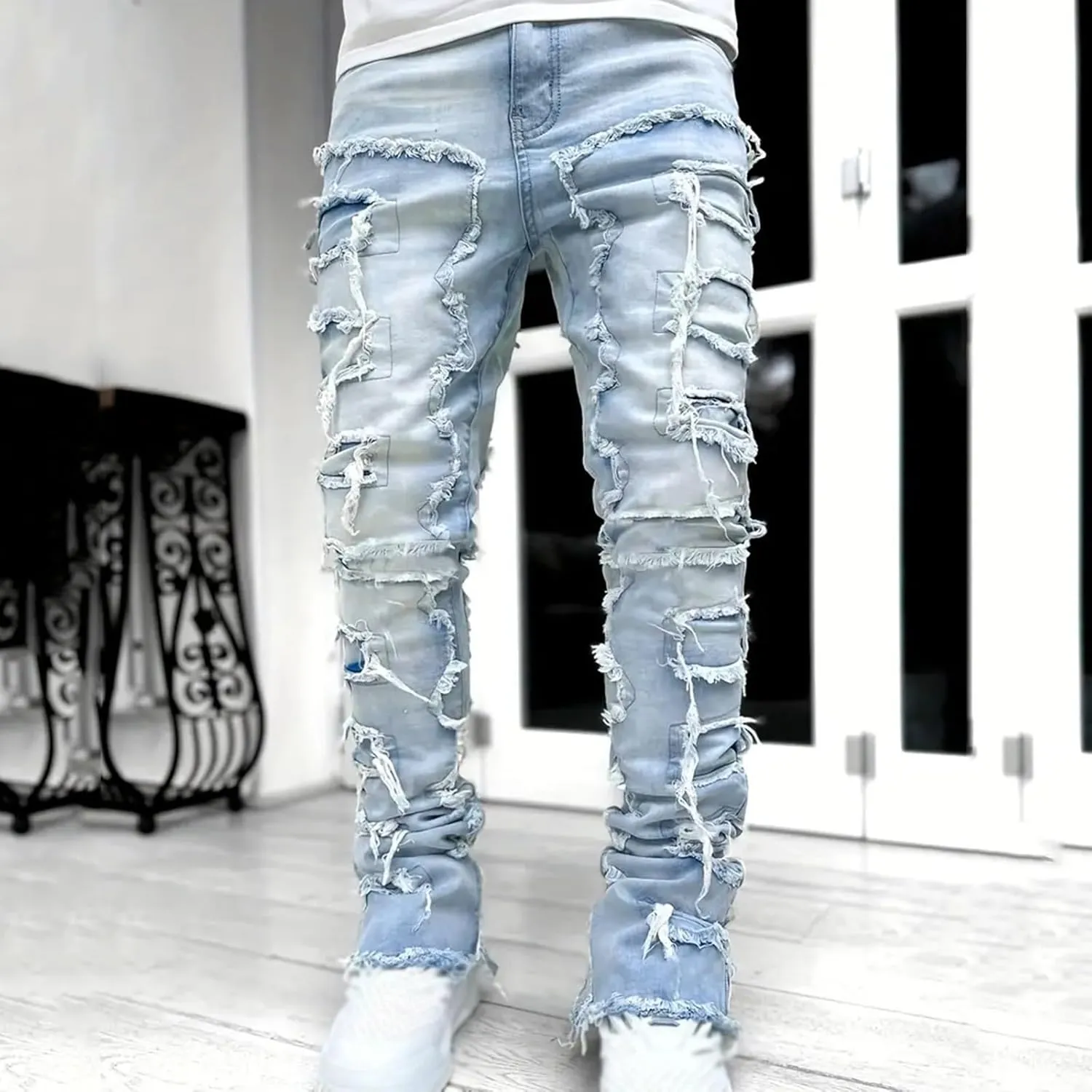 Mens Jeans Regular Fit Men's Y2K Ripped Distressed Destroyed Straight Fit Washed Denim Jeans
