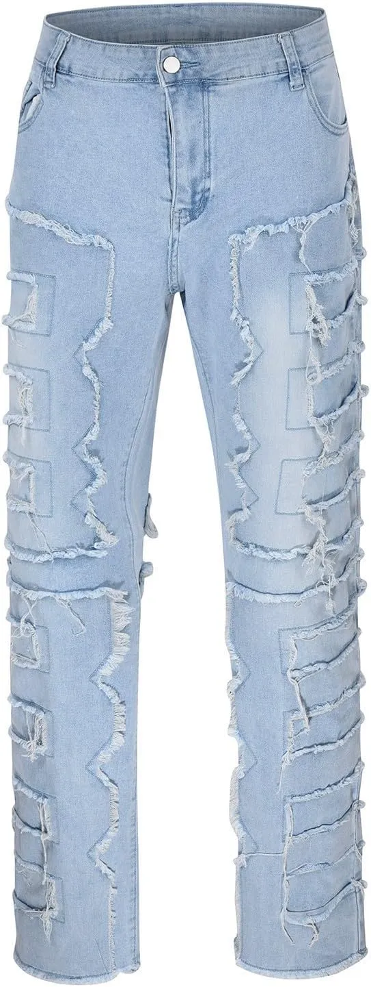 Mens Jeans Regular Fit Men's Y2K Ripped Distressed Destroyed Straight Fit Washed Denim Jeans