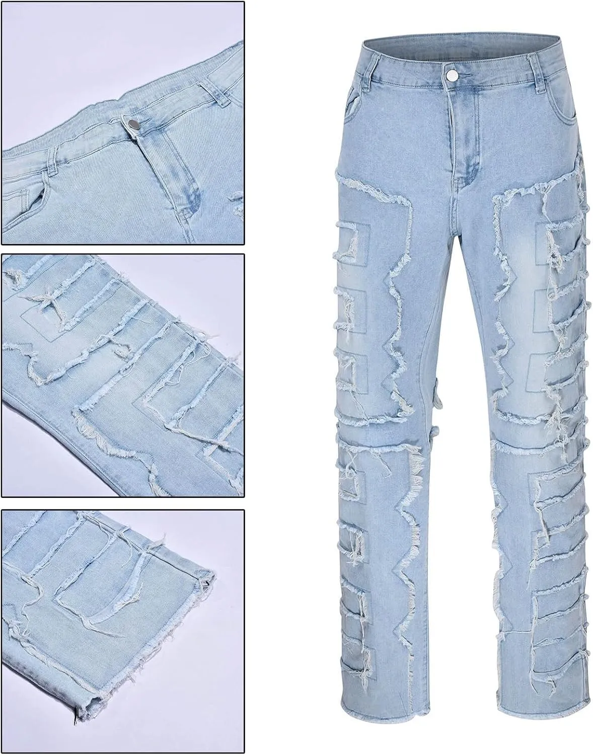 Mens Jeans Regular Fit Men's Y2K Ripped Distressed Destroyed Straight Fit Washed Denim Jeans