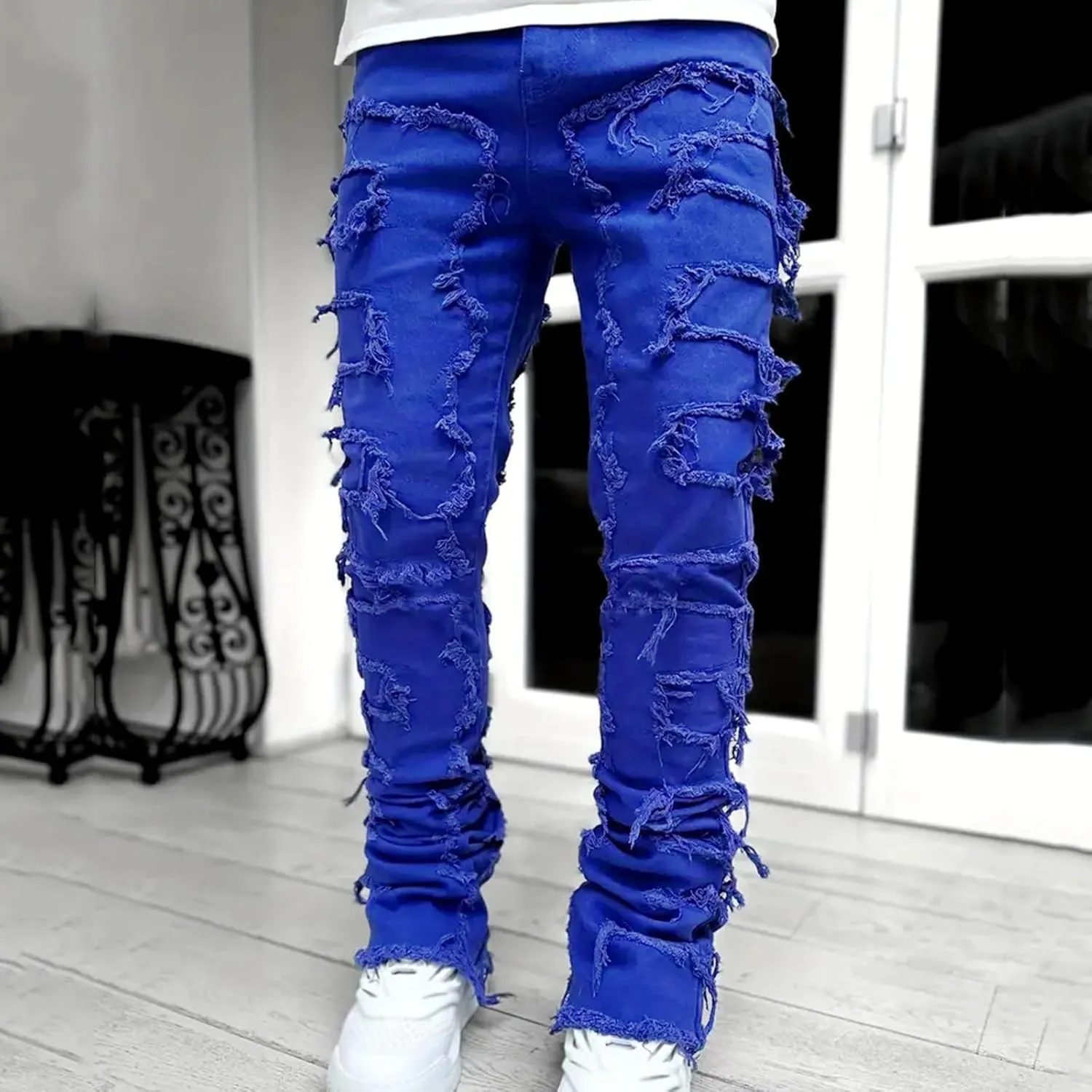Mens Jeans Straight Fit Men's Y2K Ripped Distressed Destroyed Straight Fit Washed Denim Jeans