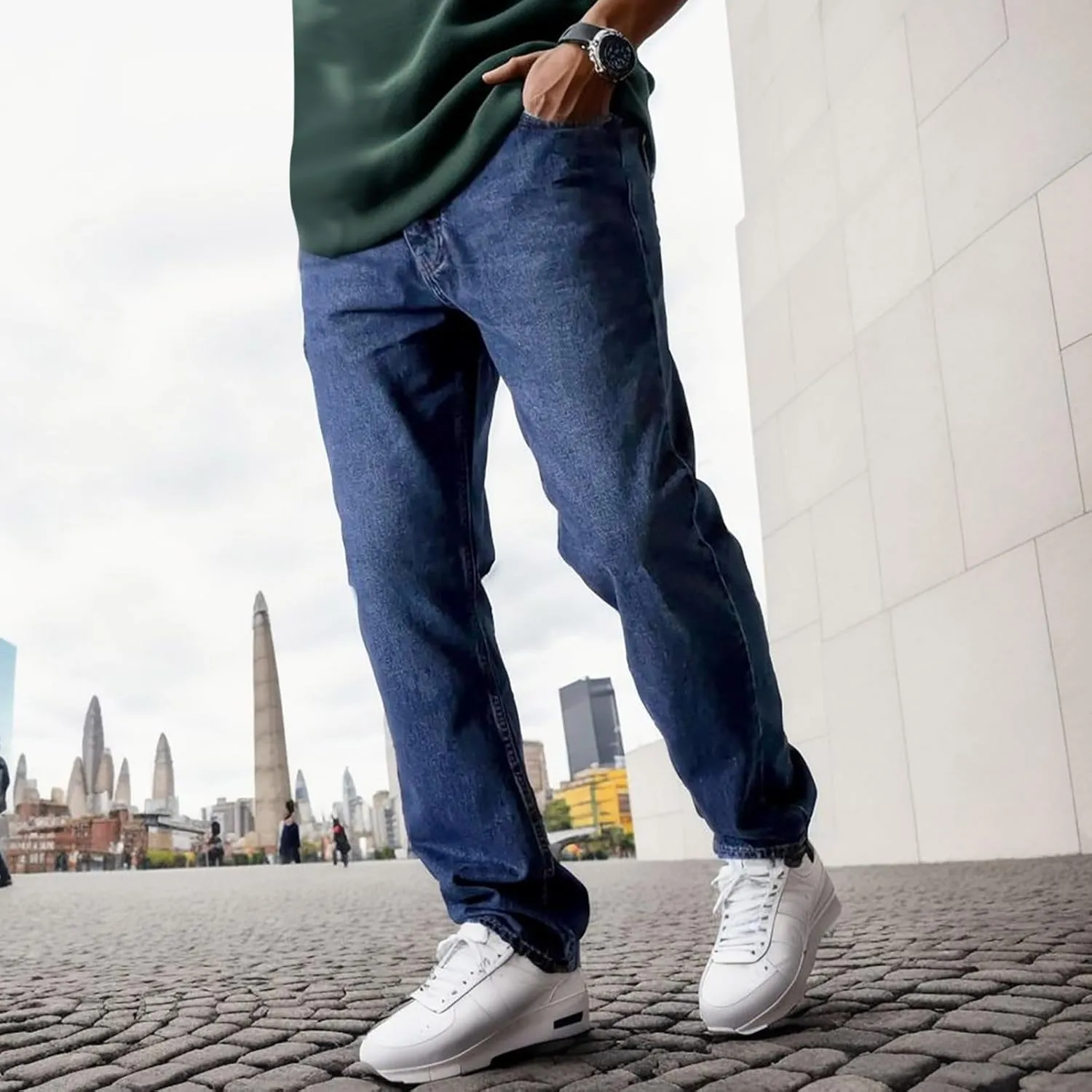 Men's Jeans Straight High Stretch Jeans Vintage Straight Jeans Stretch Denim Pants Expandable Waist Straight Fit Jeans