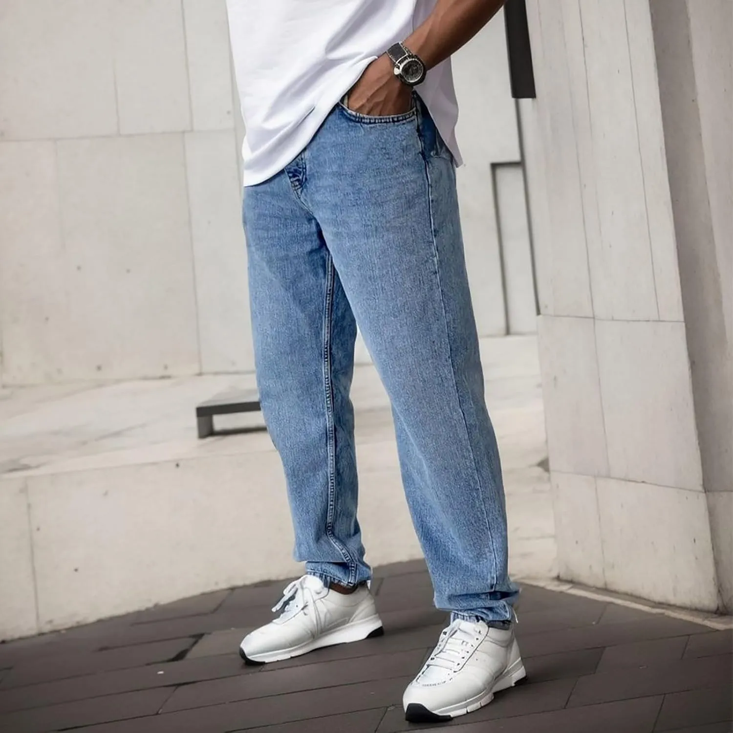 Men's Jeans Straight High Stretch Jeans Vintage Straight Jeans Stretch Denim Pants Expandable Waist Straight Fit Jeans