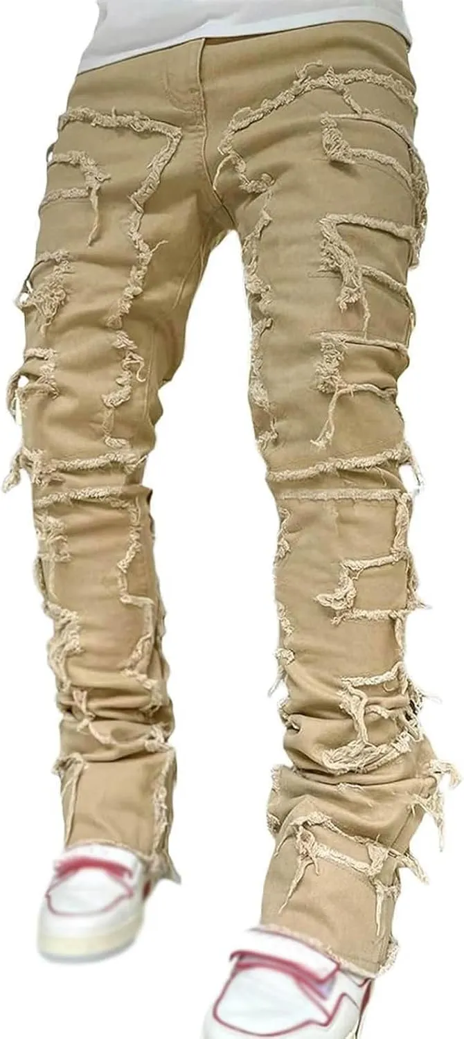 Mens Jeans Stretch Men's Y2K Ripped Distressed Destroyed Straight Fit Washed Denim Jeans