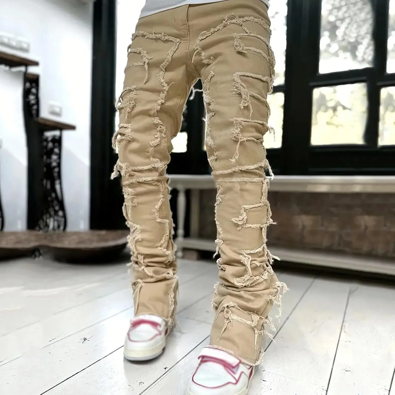 Mens Jeans Stretch Men's Y2K Ripped Distressed Destroyed Straight Fit Washed Denim Jeans
