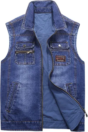 Men's Jeans Vests Jacket Reversible Denim Vest Plus Size Full Zip Cowboy Outwear Gilet Motorcycle Biker Waistcoat