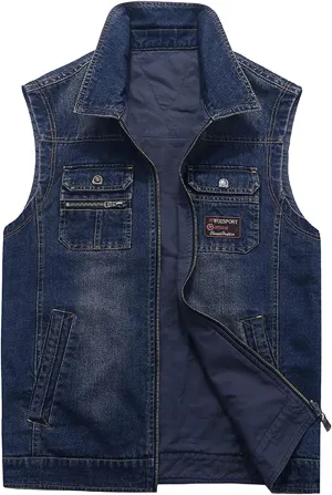 Men's Jeans Vests Jacket Reversible Denim Vest Plus Size Full Zip Cowboy Outwear Gilet Motorcycle Biker Waistcoat