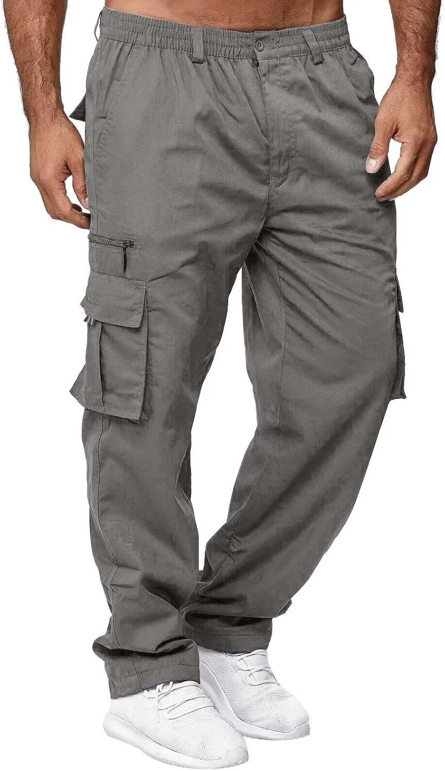 Mens Joggers Sweatpants Solid Color Pocket Trousers Loose Sports Trousers Track Training Outdoor Tactical Sweatpants