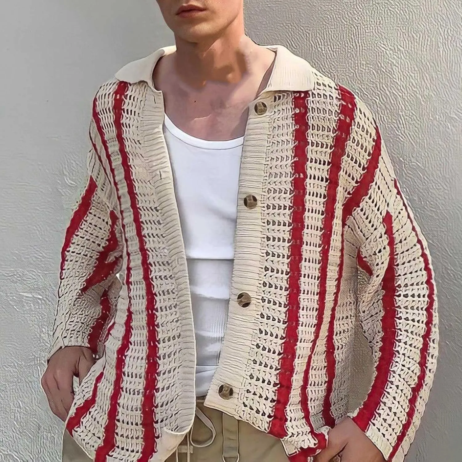 Men's Knit Cardigan Sweater Hipster Color Block Simple Coats Lapel Collar Button Down Warm Sweater Versatile Coats