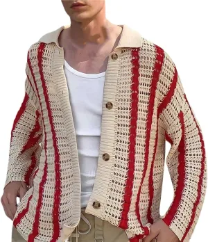 Men's Knit Cardigan Sweater Hipster Color Block Simple Coats Lapel Collar Button Down Warm Sweater Versatile Coats