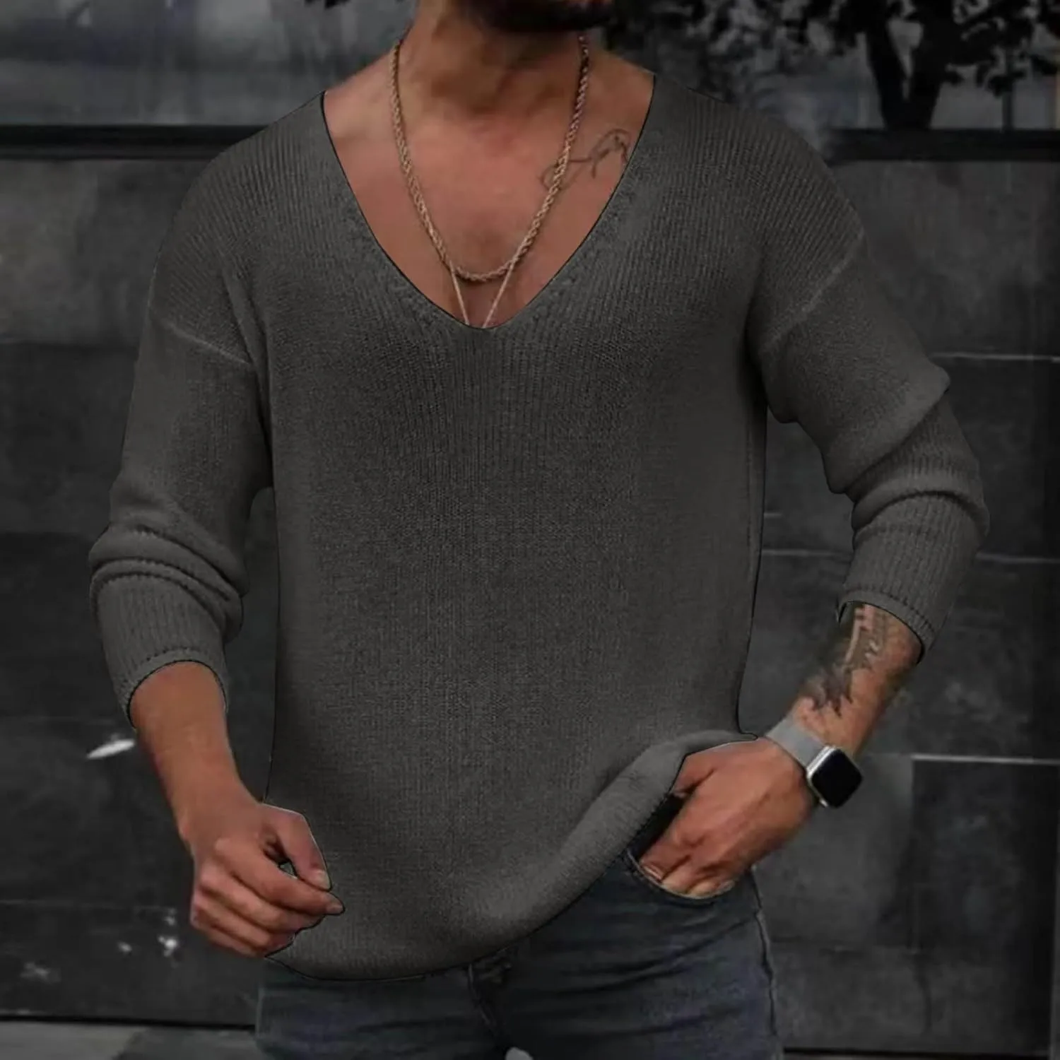 Mens Knit Long Sleeve Sweater Deep V Neck Solid Color Pullover Top Sweater Classic Raglan Sweatshirt Versatile Jacket