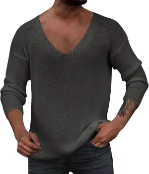 Mens Knit Long Sleeve Sweater Deep V Neck Solid Color Pullover Top Sweater Classic Raglan Sweatshirt Versatile Jacket