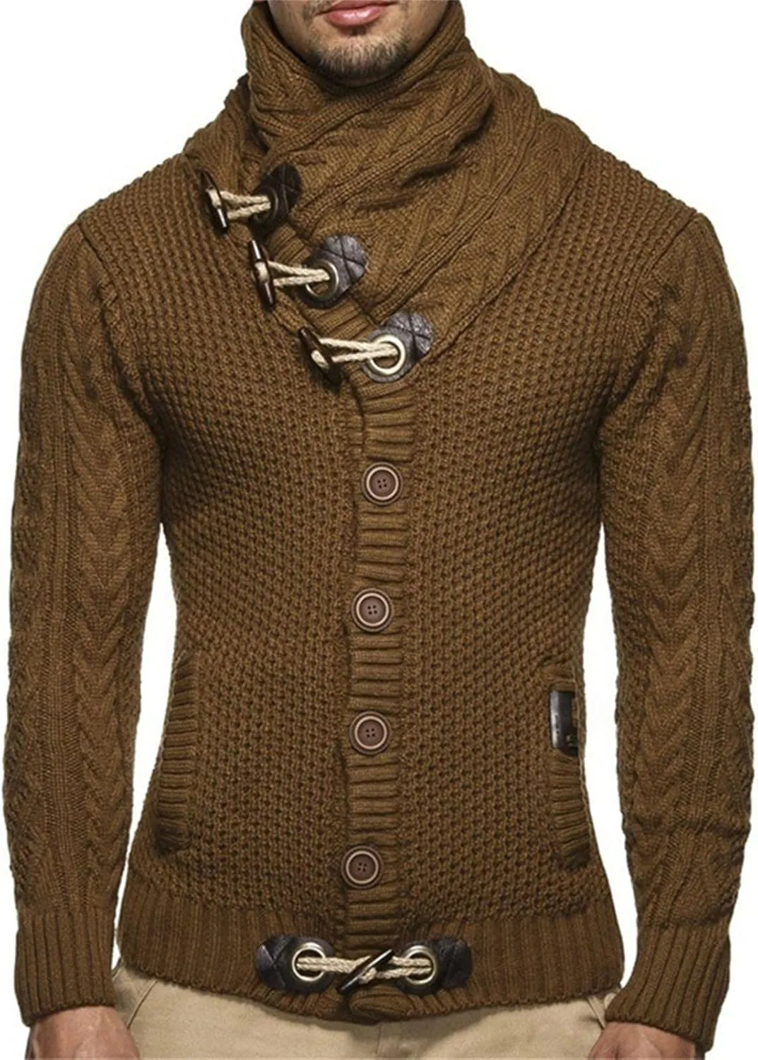 Mens Knitted Turtleneck Jacket Cable Knit Button Down Cardigan Pullovers for Fall Winter Casual Wear