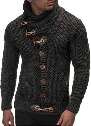 Mens Knitted Turtleneck Jacket Cable Knit Button Down Cardigan Pullovers for Fall Winter Casual Wear