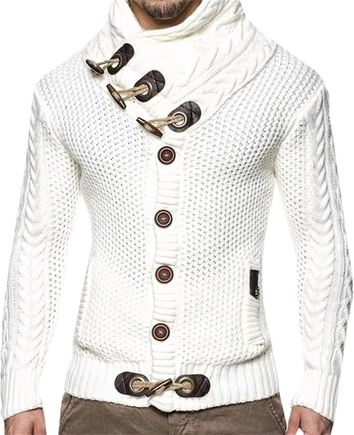 Mens Knitted Turtleneck Jacket Cable Knit Button Down Cardigan Pullovers for Fall Winter Casual Wear