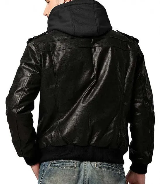 Mens Lambskin Leather Bomber Jacket With Hood