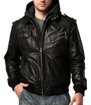 Mens Lambskin Leather Bomber Jacket With Hood