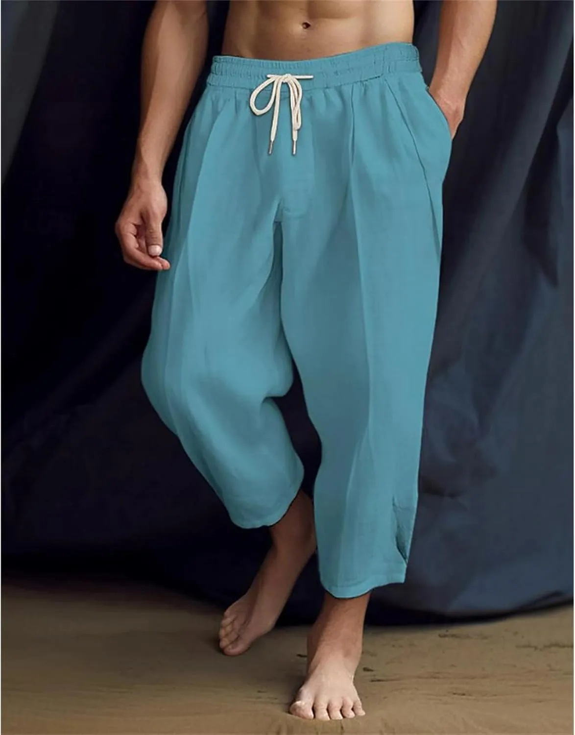 Men's Lightweight Cotton Linen Harem Pants Drawstring Casual Cropped Trousers with Pockets for Beach Yoga Relaxed Wear